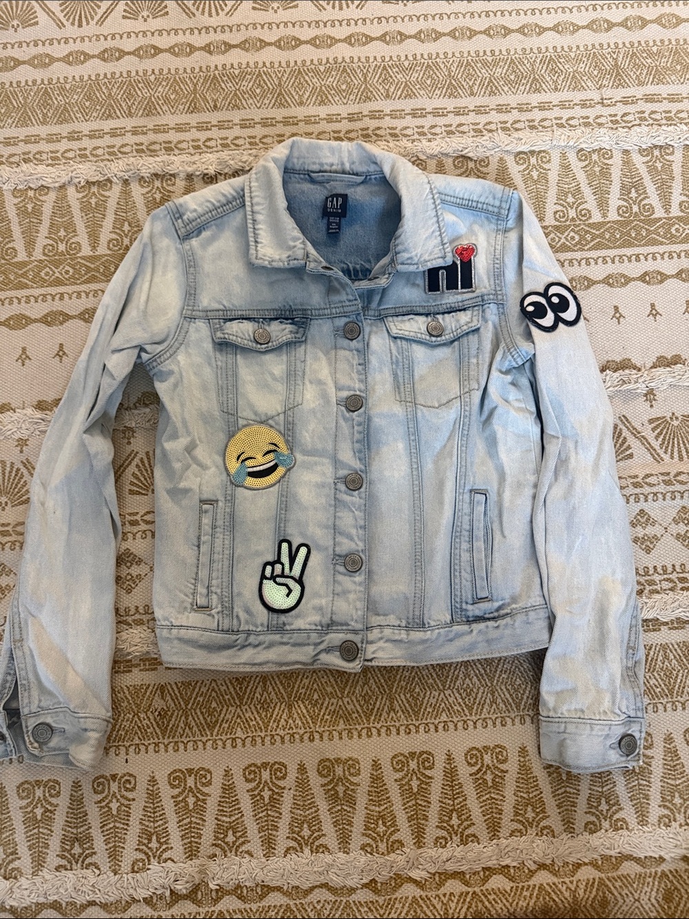 GAP Light Blue Denim Jacket with Playful Emoji Patches